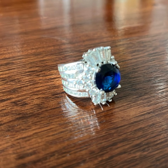 White Gold Plated Blue Sapphire Diamond Crown Simulated Ring - Picture 3 of 14